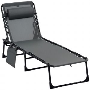 Outsunny Chaise longue pliable dossier inclinable 5 niveaux tétière amovible pochette latérale intégrée revêtement acier 185 x 58 x 30 cm gris