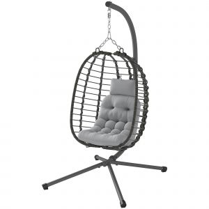 Outsunny Fauteuil suspendu pliable en résine tressée avec support, coussin et oreiller hauteur réglable, gris