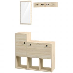 HOMCOM Ensemble d'Entrée avec Porte-Manteau Mural 4 Crochets, Range-Chaussures pour 9 Chaussures, Armoire et Miroir