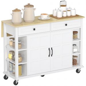 HOMCOM Îlot de Cuisine sur Roulettes Plan de Travail Pliable 2 Portes à Fermeture Douce 2 Tiroirs 6 Étagères Ouvertes Blanc