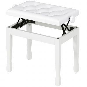 HOMCOM Banc de piano, banc de clavier réglable en hauteur en bois massif, siège rembourré, 64 x 35 x 45-55 cm, blanc