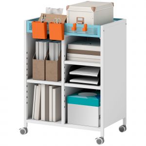 HOMCOM &Eacute;tag&egrave;re sur roulettes, 4 niveaux, tablettes r&eacute;glables & paniers suspendus pour bureau &agrave; domicile et salon, Blanc