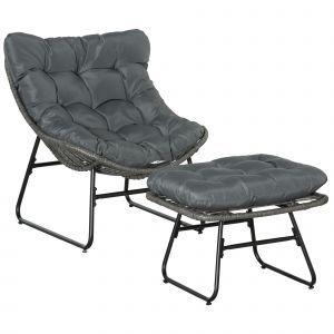 Outsunny Fauteuil relax chaise de jardin avec repose-pieds en métal époxy et résine tressée aspect rotin avec coussins moelleux - gris