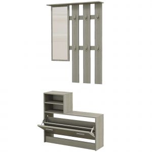 HOMCOM Set Mobilier d'Entrée avec Porte-Manteau, Miroir, Banc avec Étagère et Meuble à Chaussures pour 8 Paires de Chaussures, Gris