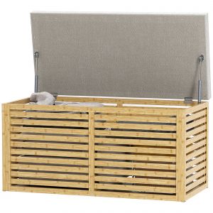 HOMCOM Banc de rangement, coffre de rangement rembourr&eacute; en tissu aspect lin, couvercle et structure en bambou, gris et naturel