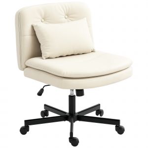 HOMCOM Chaise de bureau sans accoudoirs en cuir artificiel, chaise de bureau avec roulettes, coussin supplémentaire, réglable en hauteur, mobile, Beige