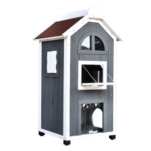 PawHut Maison pour Chats Lit ou Bac &agrave; Liti&egrave;re, Armoire pour Chats, Maison de Toilette pour Chats Int&eacute;rieure, Bois de Sapin, Toit en Asphalte, Gris, 59 x 55 x 109 cm