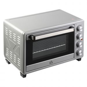 HOMCOM Mini Four 32L Mini Four avec Grille, Plaque de Cuisson, 3 Modes de Cuisson 100 °C-230 °C Réglable en Acier Inoxydable Argent