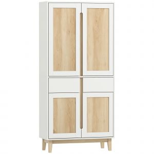 HOMCOM Buffet haut cuisine, armoire de cuisine avec 4 portes, 2 tiroirs et &eacute;tag&egrave;res r&eacute;glables, 80x35x170cm, blanc et ch&ecirc;ne