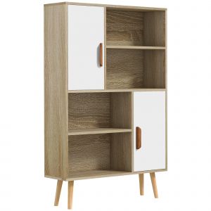 HOMCOM Bibliothèque scandinave 4 niches + 2 placards avec étagère dim. 80L x 24l x 123H cm Pieds effilés inclinés Bois Massif Chêne