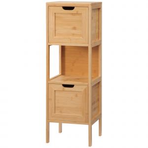 kleankin Meuble de rangement colonne pour salle de bain en bambou 2 tiroirs et 1 étagère - dim. 30L x 30l x 90H cm