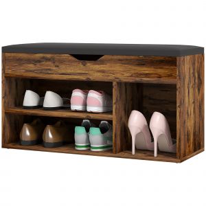 HOMCOM Meuble Chaussures Banc &agrave; Chaussures 2 Niveaux Rangement, Niche + Coffre int&eacute;gr&eacute; avec Coussin Effet bois d'acajou