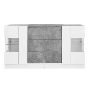 Cr&eacute;dence cuisine Buffet 3 tiroirs avec &eacute;clairage LED, fa&ccedil;ades brillantes et aspect marbre, 140x35x75 cm, Blanc+Gris   Aosom France