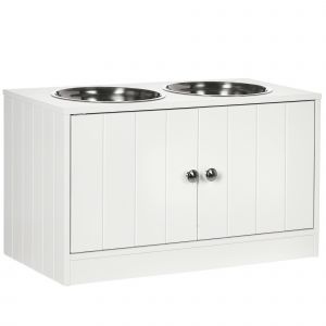 PawHut Gamelle Surélevée Double en Bois Blanc Grande Capacité avec 2 Bols Inox 2L pour Chiens/Chats   Aosom France