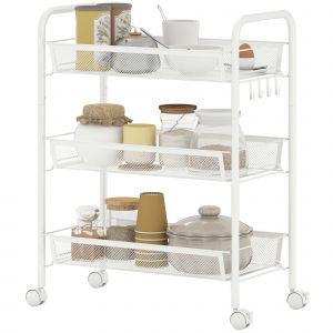 HOMCOM Chariot &agrave; 3 niveaux avec paniers desserte &agrave; roulettes chariot de rangement roulante 45 x 26,5 x 63 cm blanc