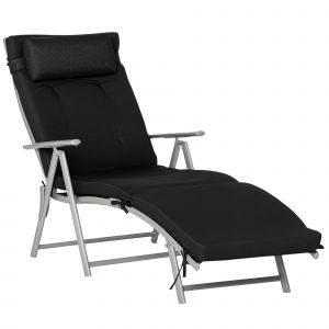 Outsunny Chaise Longue Pliable Bain de Soleil Transat Dossier Incliable 7 Positions avec Têtière Amovibles Repose-Pied Charge Max 165 Kg Noir