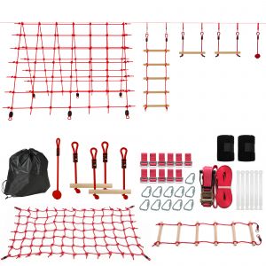 AIYAPLAY Parcours d'obstacles Ninja pour enfants 10 M kit de tyrolienne complet charge 100 kg, installation facile, rouge