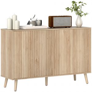 HOMCOM Buffet salon, meuble de rangement avec 4 portes cannelés à ouverture par pression 120 x 35 x 77,5 cm, chêne