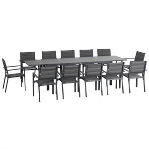Outsunny Salon de jardin Table et chaise de jardin en aluminium et textil&egrave;ne table extensible 8/12 personnes 12 chaises empilables gris   Aosom France