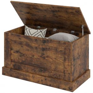 HOMCOM Coffre de rangement, coffre &agrave; jouets, avec charni&egrave;re de s&eacute;curit&eacute;, pour salon, en bois, 80 x 40 x 45 cm, brun rustique