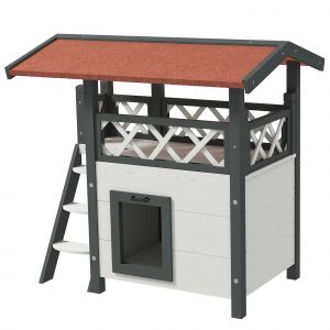 PawHut Maison lodge pour chats sauvage errants avec terrasse escalier 77 x 50 x 73 cm blanc et rouge