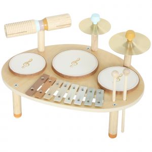 AIYAPLAY Jeux de Tambours pour B&eacute;b&eacute;, Tambour b&eacute;b&eacute; avec Xylophone pour Tout-Petits, Instruments de Musique en Bois, Naturel