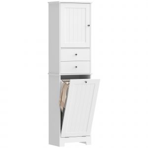 HOMCOM Meuble de Salle de Bain avec Panier &agrave; Linge Pliable, Armoire et 2 Tiroirs, en Bois, 45x30x171 cm, Bianco
