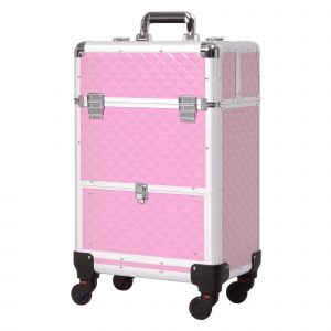 HOMCOM Valise Mallette de Maquillage Valise trolley maquillage cosmétique vanity poignée télescopique réglable Poignée Télescopique rose