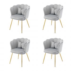 Ensemble de 4 Chaises de Salle à Manger et Salon en Velours avec Dossier en Pétale, Pieds Métalliques Dorés et Coussins en Papillon, 63x58x77 cm, Gris