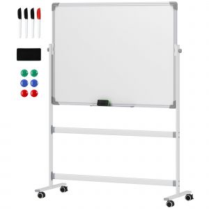HOMCOM Tableau blanc magnétique double face effacable rotatif mobile avec support, aimants, marqueurs, gomme et roulettes