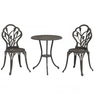 Outsunny Ensemble d'ext&eacute;rieur 3 pi&egrave;ces avec 2 chaises de jardin et table ronde avec trou pour parasol, Bronze