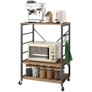 HOMCOM Étagère de Cuisine à 3 Niveaux Style Industriel avec Roues et 4 Crochets, Structure en Acier, 60x40x84 cm, Teck