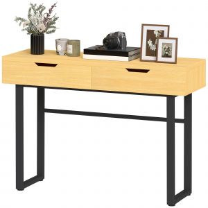 HOMCOM Console meuble 120 cm, table console &eacute;troite avec 2 tiroirs, cadre en m&eacute;tal et design sans poign&eacute;es, bois naturel