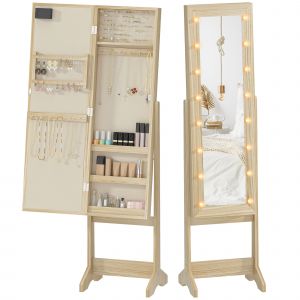 HOMCOM Miroir-aramoire &agrave; bijoux avec &eacute;clairage LED Armoire pour bijoux Armoire &agrave; bijoux sur pied avec miroir pleine longueur Angle r&eacute;glable Bois naturel