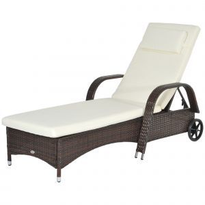 Outsunny Chaise Longue de Jardin en Rotin Mobilier de Jardin avec Coussin et Roues, Rotin Synth&eacute;tique+M&eacute;tal, Marron Caf&eacute;, 200 x 73 x 30-103cm