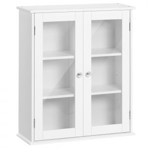 kleankin Armoire murale de salle de bain, meuble haut salle de bains avec 2 portes en verre, &eacute;tag&egrave;re r&eacute;glable, 55x20x65cm, blanc