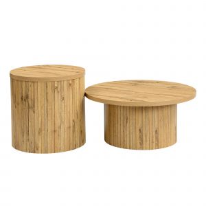 Ensemble de 2 tables basses rondes, avec fa&ccedil;ades &agrave; lattes verticales en bois naturel et coins arrondis, 75x75x36 cm/50x50x50,5 cm, Couleur naturelle