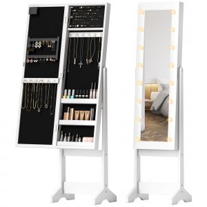 HOMCOM Armoire à bijoux armoire de rangement sur pieds boîte à bijoux avec miroir multi-rangements éclairage LED blanc
