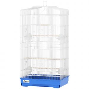 PawHut Cage pour Oiseaux Voli&egrave;re M&eacute;tallique avec 4 Mangeoires 3 Perchoirs Balan&ccedil;oire et Tiroir Amovible Poign&eacute;e 46,5x35,5x92 cm Bleu