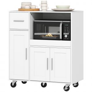 HOMCOM Desserte cuisine &agrave; roulettes, meuble micro onde, plateau coulissant, tiroir, placards 3 portes, 80x40x88,7cm, blanc