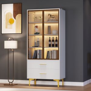 Vitrine en verre Meubles vitrine salon moderne avec 2 Portes, Pieds Dorés et Étagères Réglables, Éclairage LED Multicolore, 70x35x150 cm, Blanc