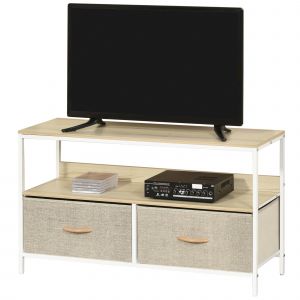 HOMCOM Meuble TV Bas sur Pieds Style Industriel 2 tiroirs en Tissu Gris Bois Naturel et m&eacute;tal Blanc