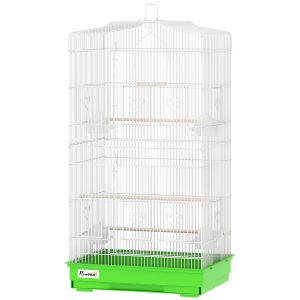 PawHut Cage pour Oiseaux Voli&egrave;re M&eacute;tallique avec 4 Mangeoires, 3 Perchoirs, Balan&ccedil;oire et Tiroir Amovible, Poign&eacute;e, 46,5x35,5x92 cm, Vert