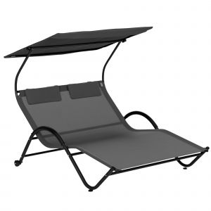 Outsunny Chaise longue bain de soleil transat avec auvent oreiller et roulettes en acier et polyester gris fonc&eacute;   Aosom France