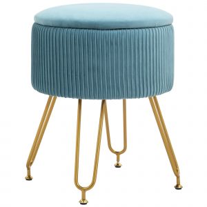 HOMCOM Pouf rangement 13,5 L pouf salon tabouret de coiffeuse en velours avec pieds en acier, repose pied rond jusqu'à 110 kg