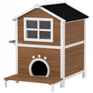 PawHut Maison pour chats ext&eacute;rieure avec toit r&eacute;sistant aux intemp&eacute;ries, fen&ecirc;tre, balcon, fond amovible, 2 &eacute;tages, pour 1-2 chats, Marron