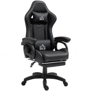 HOMCOM Chaise de Gaming Inclinable à 125° et Massante en Similicuir avec Repose-Pieds, 65x68x120-128 cm, Noir