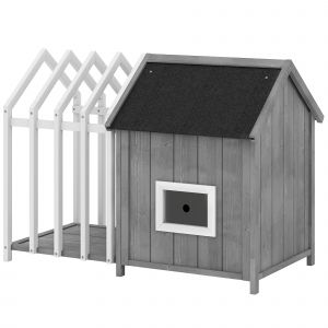PawHut Niche pour chien ext&eacute;rieur en bois maison chien ext&eacute;rieur avec terrasse, porte &agrave; lamelles, 106 x 62,5 x 80,5 cm, gris