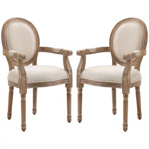 HOMCOM Lot de 2 chaises de Salle à Manger Chaise de Salon médaillon Style Louis XVI Bois Massif patiné sculpté Tissu Lin Crème