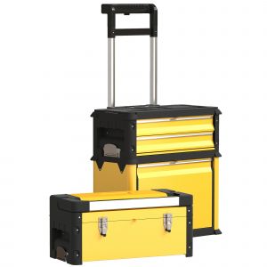 HOMCOM Lot de 3 bo&icirc;tes &agrave; outils sur roulettes empilables et modulaires en acier avec plateau, poign&eacute;es et serrure, jaune